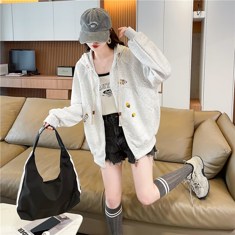 실사 320 그램 후아 면 복합 빅 사이즈 여성 의류 봄 가을 얇은 긴팔 오픈 가디건 후드티 여성 루즈핏 디자인 센스 맨위 상세 이미지 8