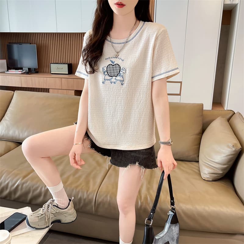 실사 반팔 티셔츠 여성 여름 새로운 느긋한 바람 애플 연령 감소 라운드 넥 다용도 외국 가스 맨위 서비스 상세 이미지 11