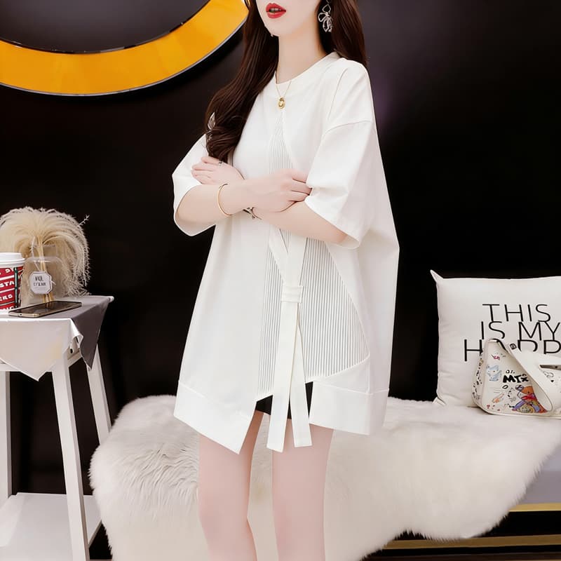 실사 순면 21 200그램 2026 여름 루즈핏 스트랩 패치워크 트임 반팔 티셔츠 여성 상세 이미지 3