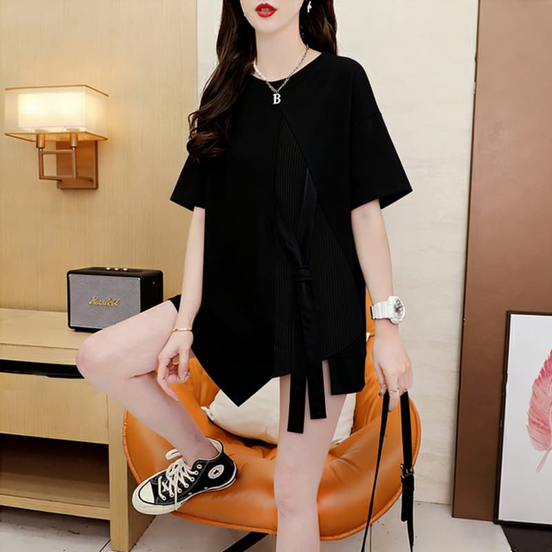 실사 순면 21 200그램 2026 여름 루즈핏 스트랩 패치워크 트임 반팔 티셔츠 여성 상세 이미지 10