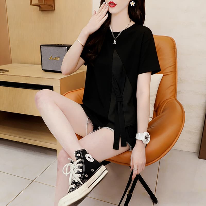 실사 순면 21 200그램 2026 여름 루즈핏 스트랩 패치워크 트임 반팔 티셔츠 여성 상세 이미지 12
