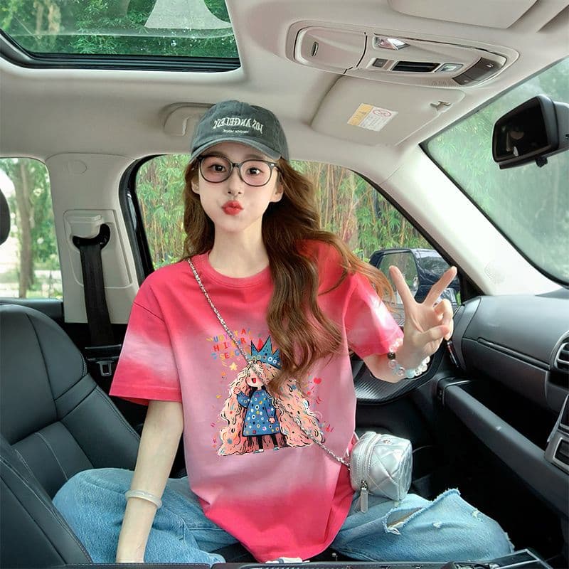 200그램 순면 이후 패키지 칼라 폭발 그라데이션 홀치기 염색 반팔 티셔츠 여성 여름 루즈핏 디자인 센스 맨위 ins 이미지 5