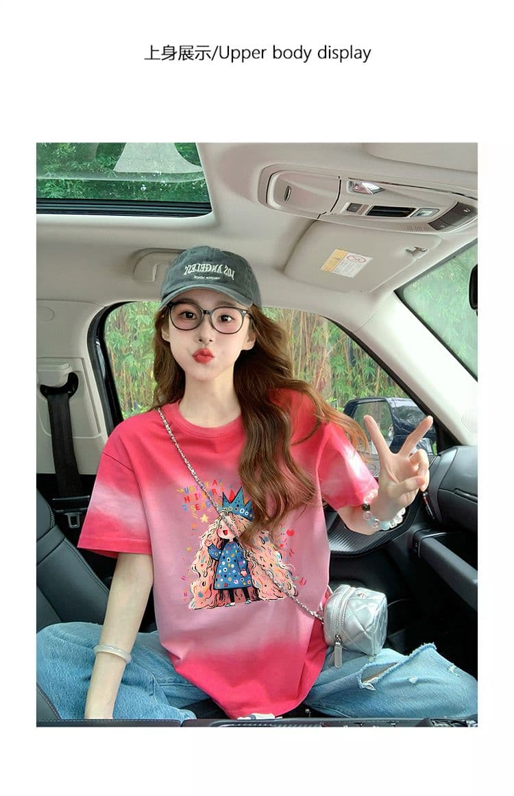 200그램 순면 이후 패키지 칼라 폭발 그라데이션 홀치기 염색 반팔 티셔츠 여성 여름 루즈핏 디자인 센스 맨위 ins 상세 이미지 2