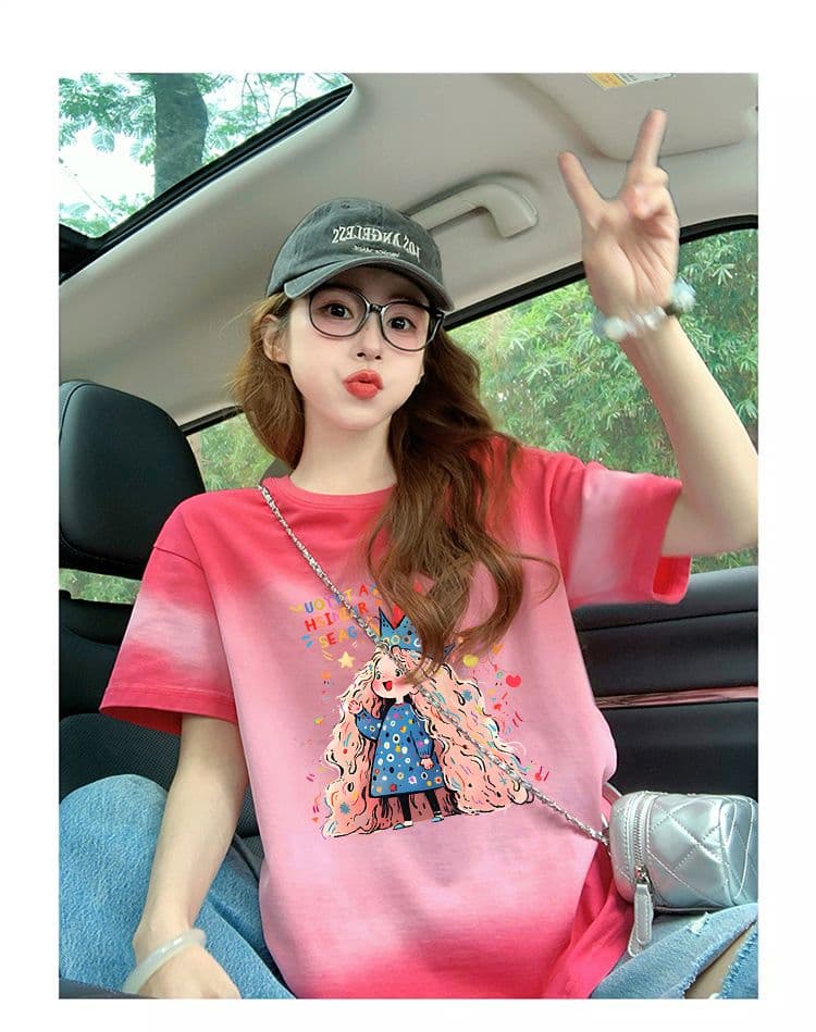 200그램 순면 이후 패키지 칼라 폭발 그라데이션 홀치기 염색 반팔 티셔츠 여성 여름 루즈핏 디자인 센스 맨위 ins 상세 이미지 4