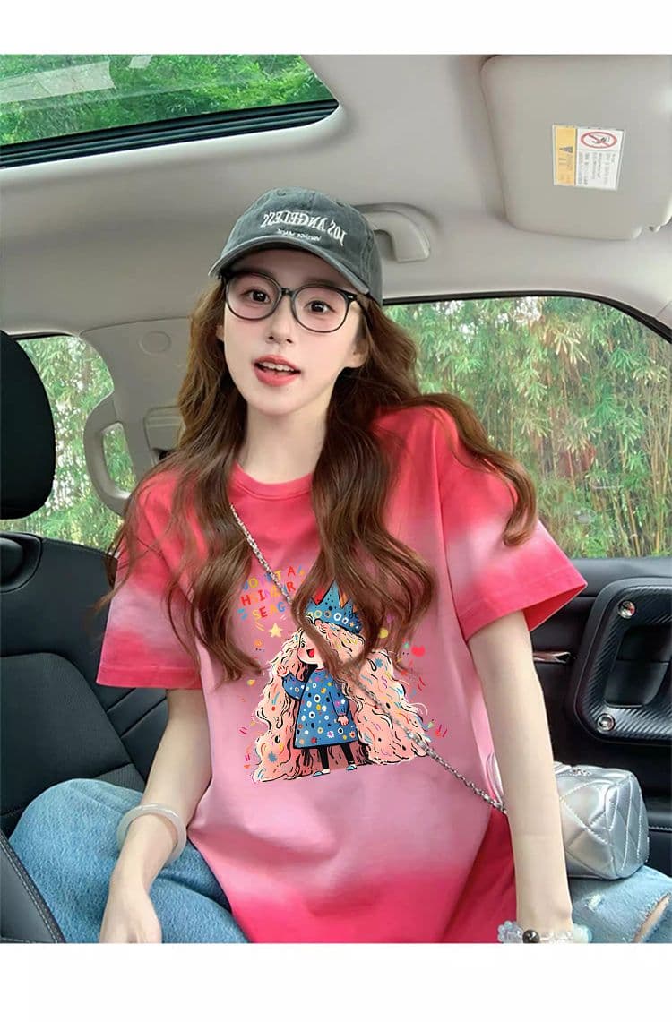 200그램 순면 이후 패키지 칼라 폭발 그라데이션 홀치기 염색 반팔 티셔츠 여성 여름 루즈핏 디자인 센스 맨위 ins 상세 이미지 6