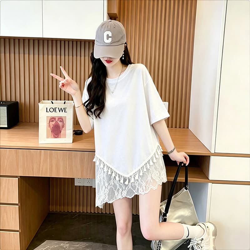 실사 순면 21 200그램 2026 여름 레이스 조각 술 밑단 중간 길이 반팔 티셔츠 여성 상세 이미지 19