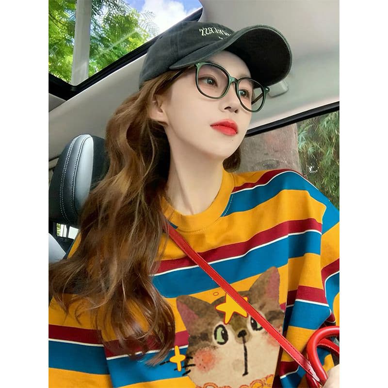 실사 95 면 컬러 짜임 기사 칼라 케이블 루오 Na 테두리 당겨서 어깨 특별 빅 사이즈 300 근 스트라이프 반팔 티셔츠 이미지 2