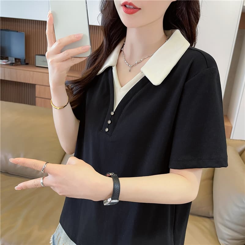 실사 한국 스타일 POLO 칼라 반팔 티셔츠 여성 2026 년 새로운 자수 싸움 플러그 색상 맨위 상세 이미지 3