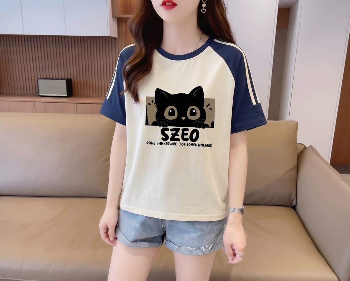 실사 눈꽃 면 65 면 35 폴리에스터 2026 여름 새로운 한국 스타일 삽입 어깨 소매 고양이 프린트 반팔 티셔츠 여성 상세 이미지 4