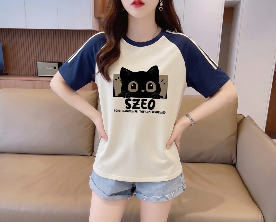 실사 눈꽃 면 65 면 35 폴리에스터 2026 여름 새로운 한국 스타일 삽입 어깨 소매 고양이 프린트 반팔 티셔츠 여성 상세 이미지 6
