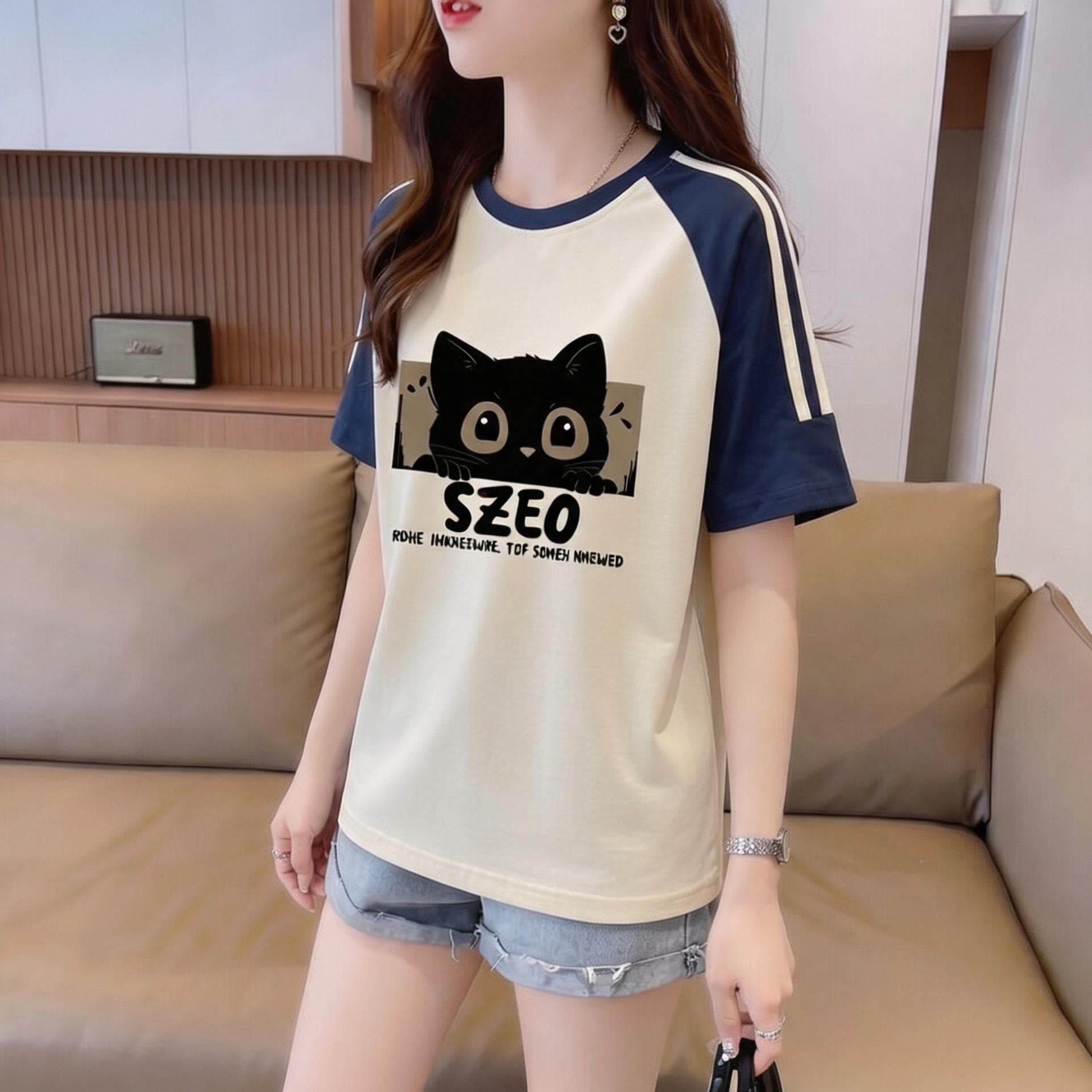 실사 눈꽃 면 65 면 35 폴리에스터 2026 여름 새로운 한국 스타일 삽입 어깨 소매 고양이 프린트 반팔 티셔츠 여성 상세 이미지 7