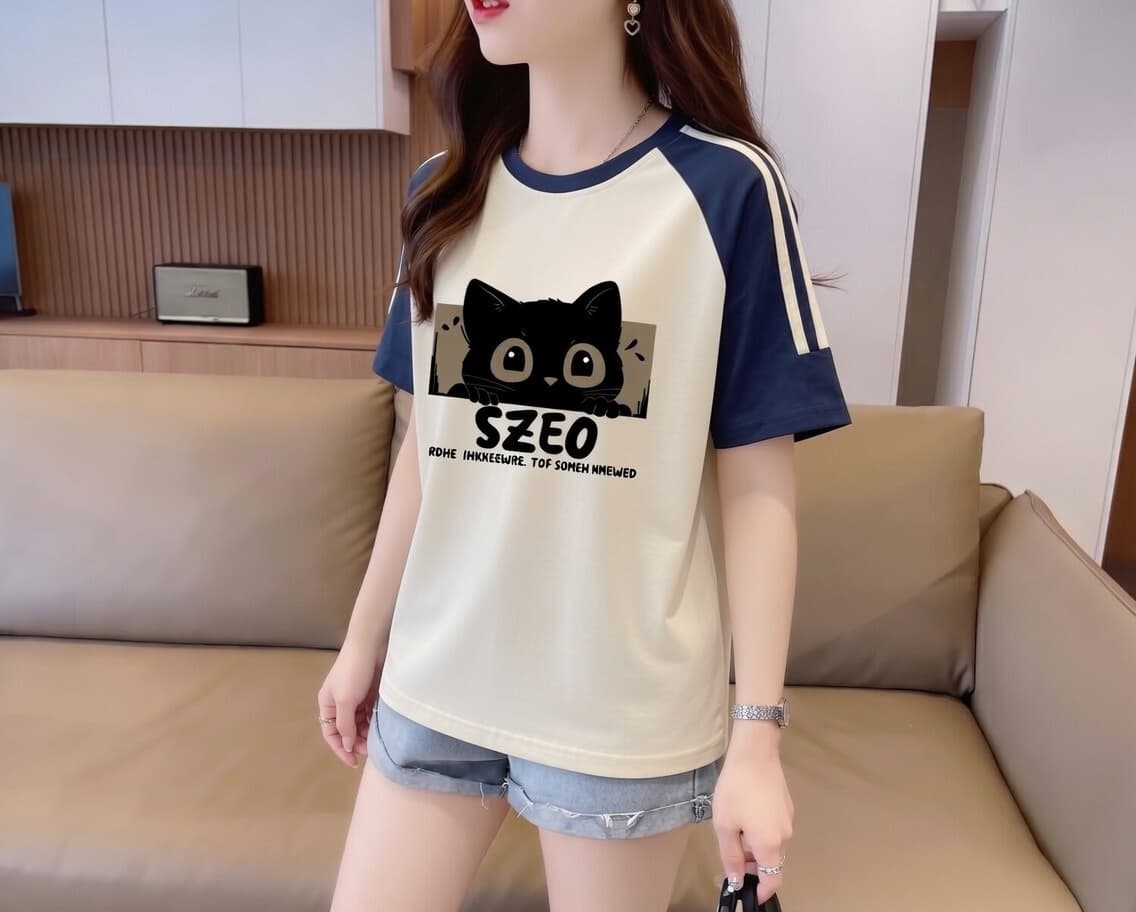 실사 눈꽃 면 65 면 35 폴리에스터 2026 여름 새로운 한국 스타일 삽입 어깨 소매 고양이 프린트 반팔 티셔츠 여성 상세 이미지 8