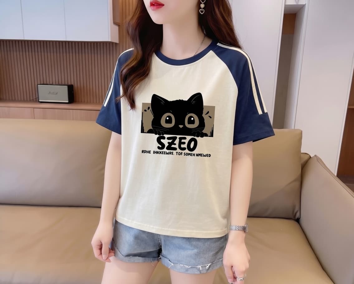 실사 눈꽃 면 65 면 35 폴리에스터 2026 여름 새로운 한국 스타일 삽입 어깨 소매 고양이 프린트 반팔 티셔츠 여성 상세 이미지 10