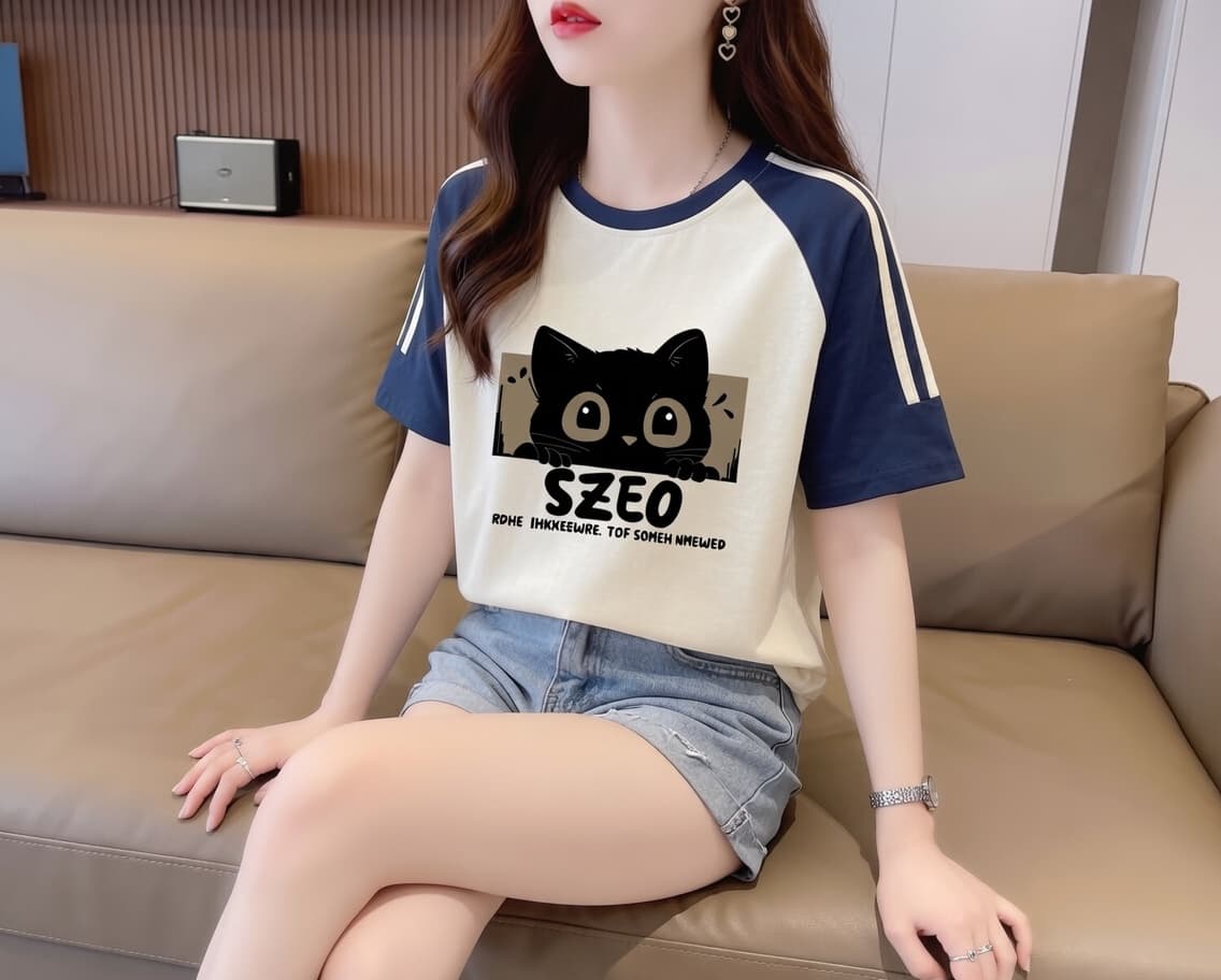 실사 눈꽃 면 65 면 35 폴리에스터 2026 여름 새로운 한국 스타일 삽입 어깨 소매 고양이 프린트 반팔 티셔츠 여성 상세 이미지 12