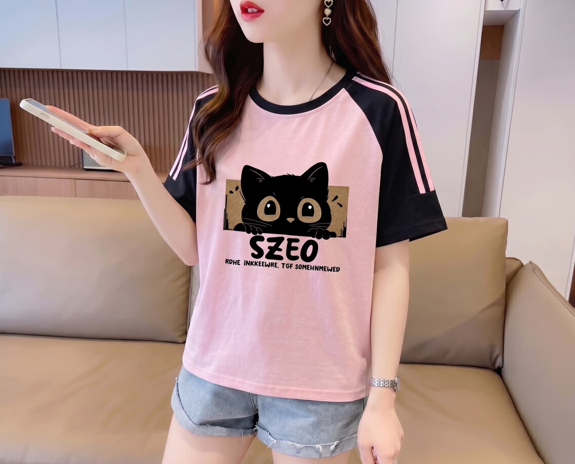실사 눈꽃 면 65 면 35 폴리에스터 2026 여름 새로운 한국 스타일 삽입 어깨 소매 고양이 프린트 반팔 티셔츠 여성 상세 이미지 16