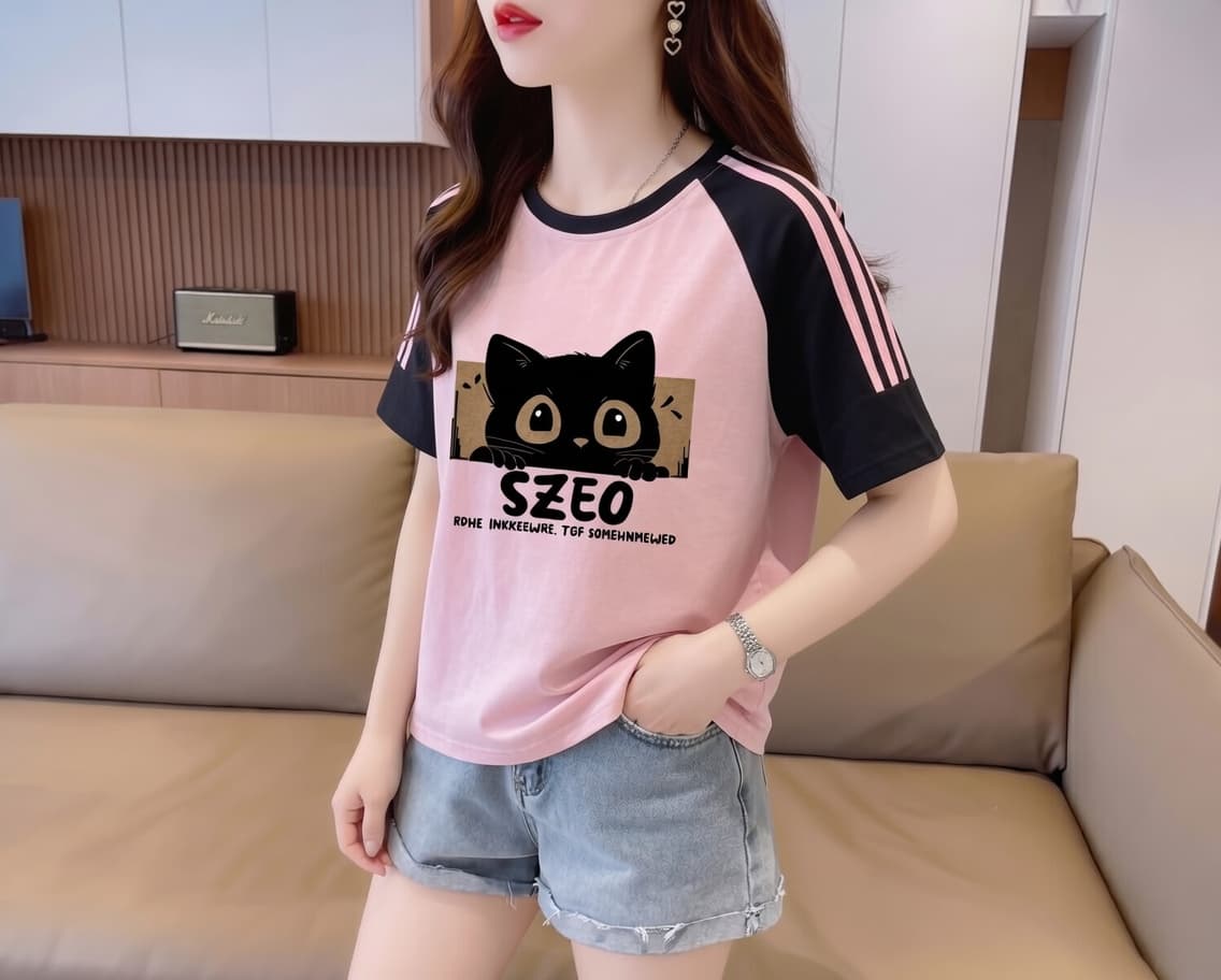 실사 눈꽃 면 65 면 35 폴리에스터 2026 여름 새로운 한국 스타일 삽입 어깨 소매 고양이 프린트 반팔 티셔츠 여성 상세 이미지 20