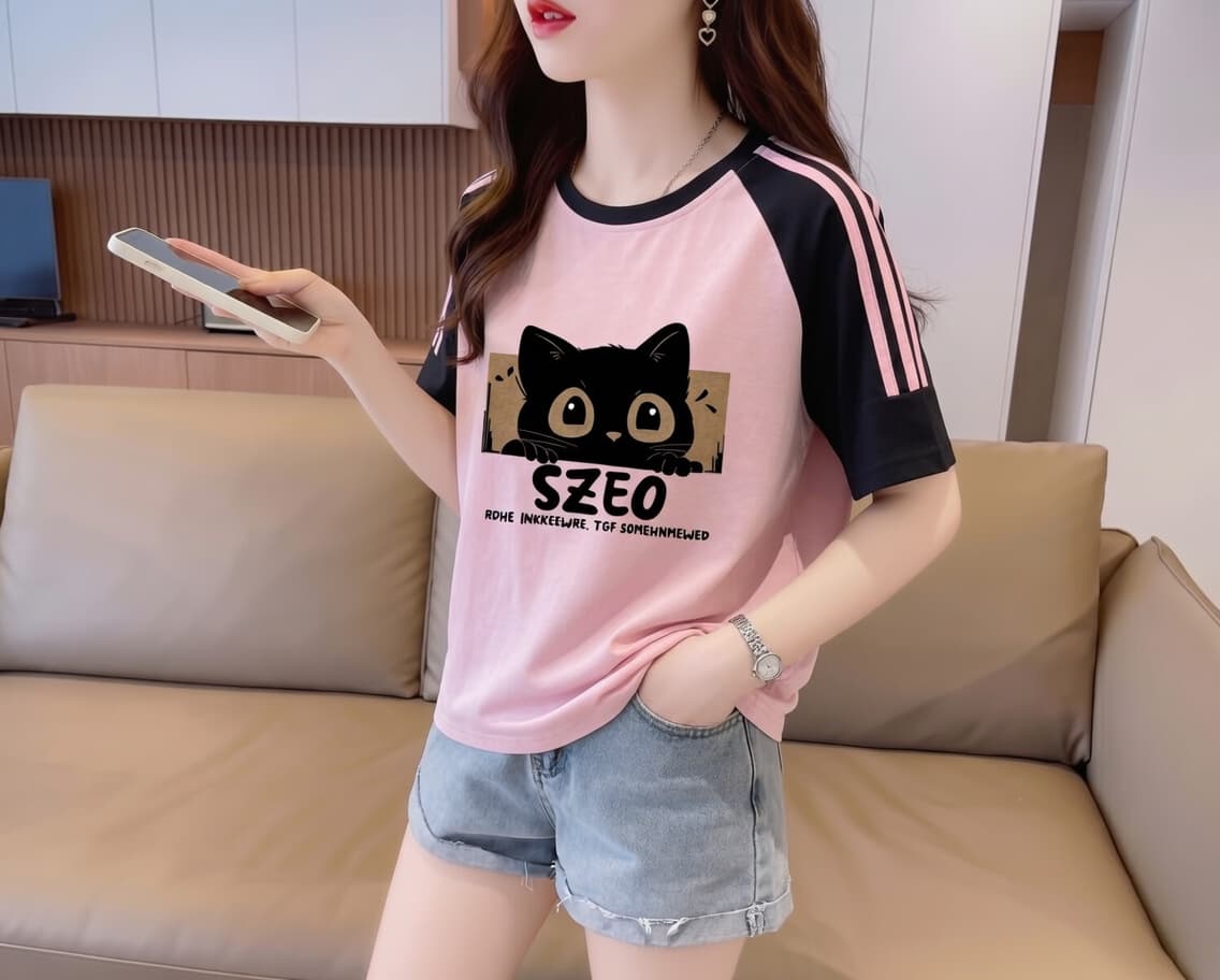 실사 눈꽃 면 65 면 35 폴리에스터 2026 여름 새로운 한국 스타일 삽입 어깨 소매 고양이 프린트 반팔 티셔츠 여성 상세 이미지 22