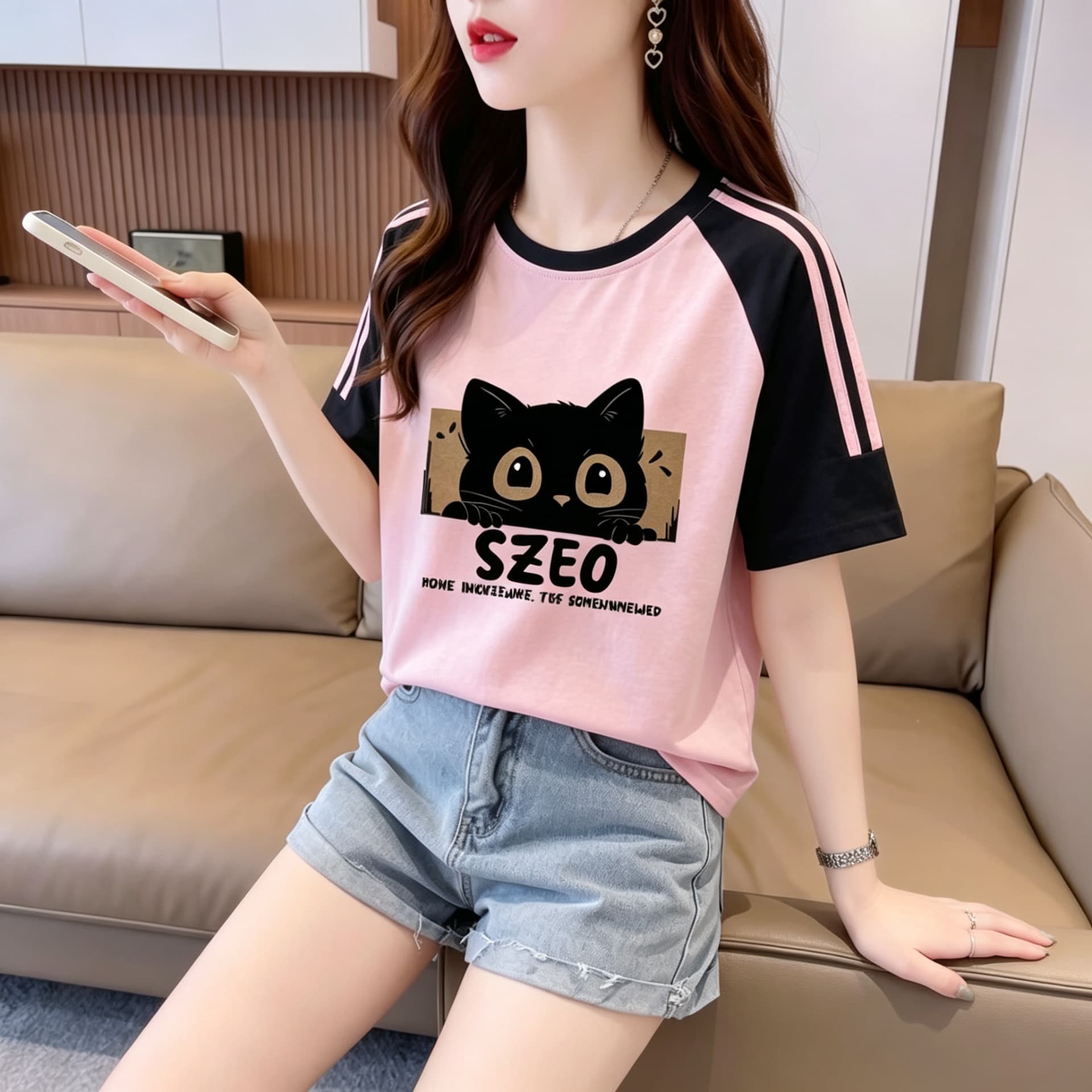 실사 눈꽃 면 65 면 35 폴리에스터 2026 여름 새로운 한국 스타일 삽입 어깨 소매 고양이 프린트 반팔 티셔츠 여성 상세 이미지 23