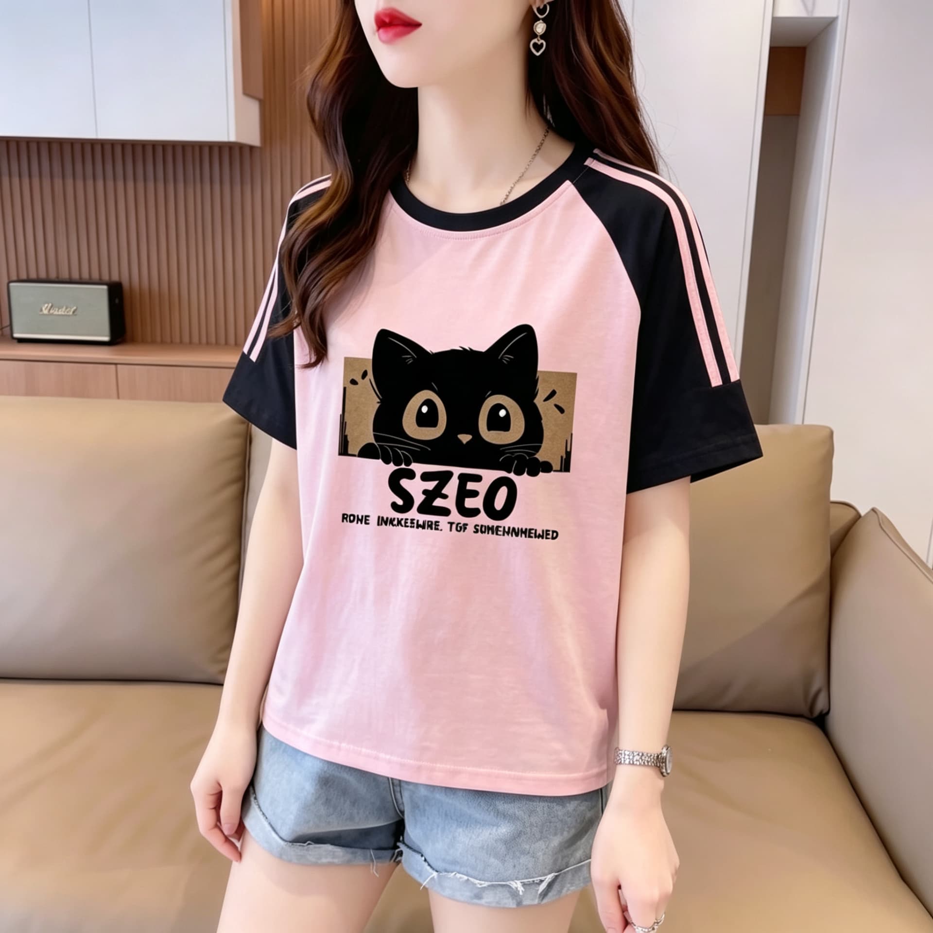 실사 눈꽃 면 65 면 35 폴리에스터 2026 여름 새로운 한국 스타일 삽입 어깨 소매 고양이 프린트 반팔 티셔츠 여성 상세 이미지 27