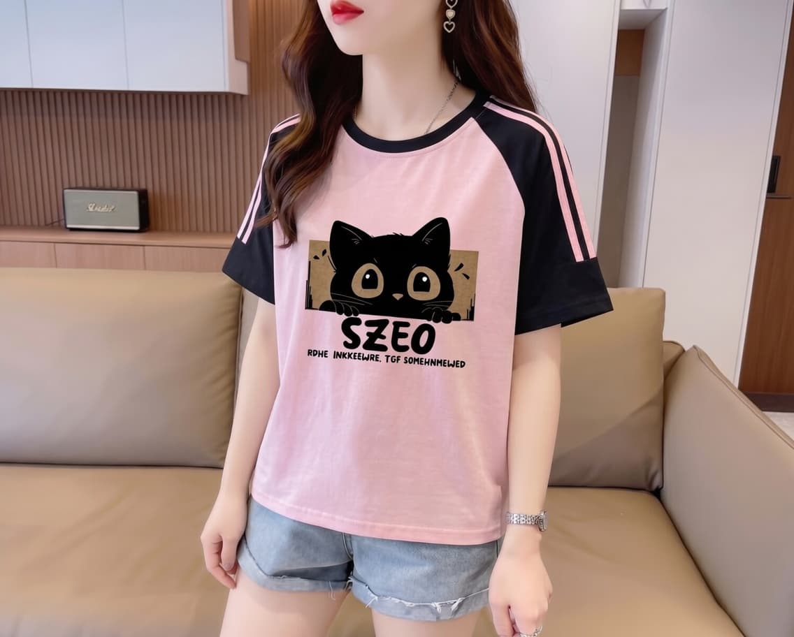 실사 눈꽃 면 65 면 35 폴리에스터 2026 여름 새로운 한국 스타일 삽입 어깨 소매 고양이 프린트 반팔 티셔츠 여성 상세 이미지 28