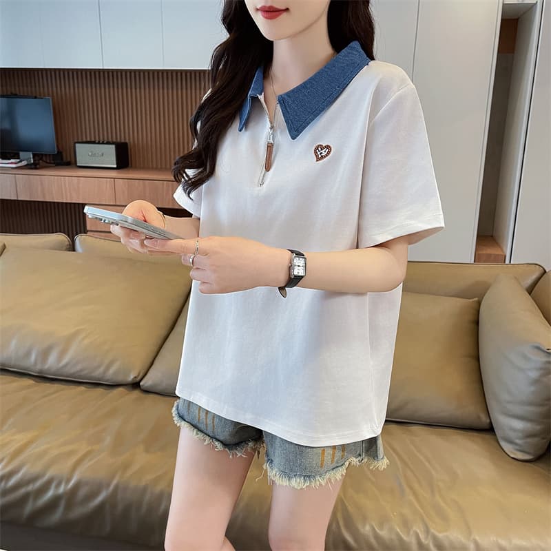 실사 한국 스타일 op 칼라 반팔 티셔츠 여성 2026 년 새로운 패치 자수 맨위 여성 이미지 2
