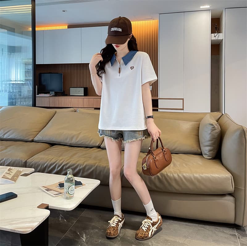 실사 한국 스타일 op 칼라 반팔 티셔츠 여성 2026 년 새로운 패치 자수 맨위 여성 상세 이미지 2
