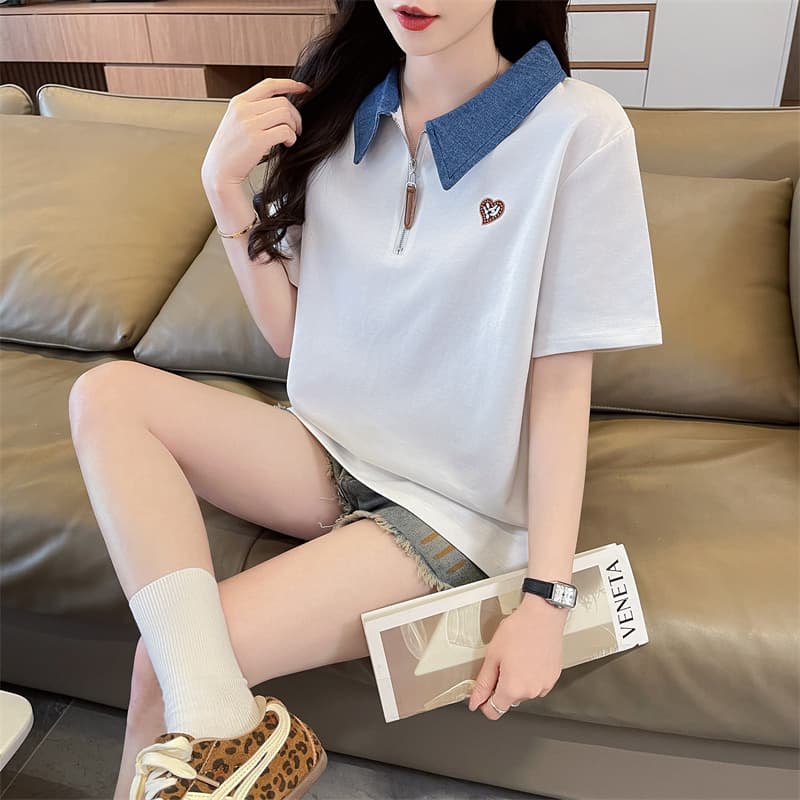 실사 한국 스타일 op 칼라 반팔 티셔츠 여성 2026 년 새로운 패치 자수 맨위 여성 상세 이미지 12