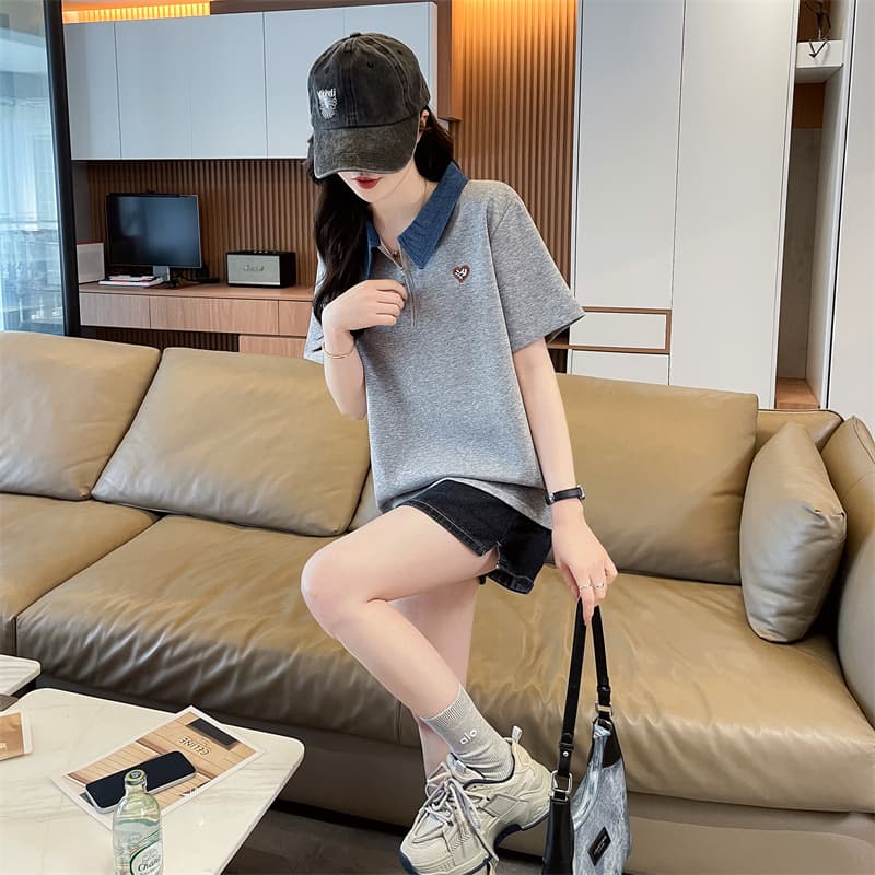 실사 한국 스타일 op 칼라 반팔 티셔츠 여성 2026 년 새로운 패치 자수 맨위 여성 상세 이미지 14