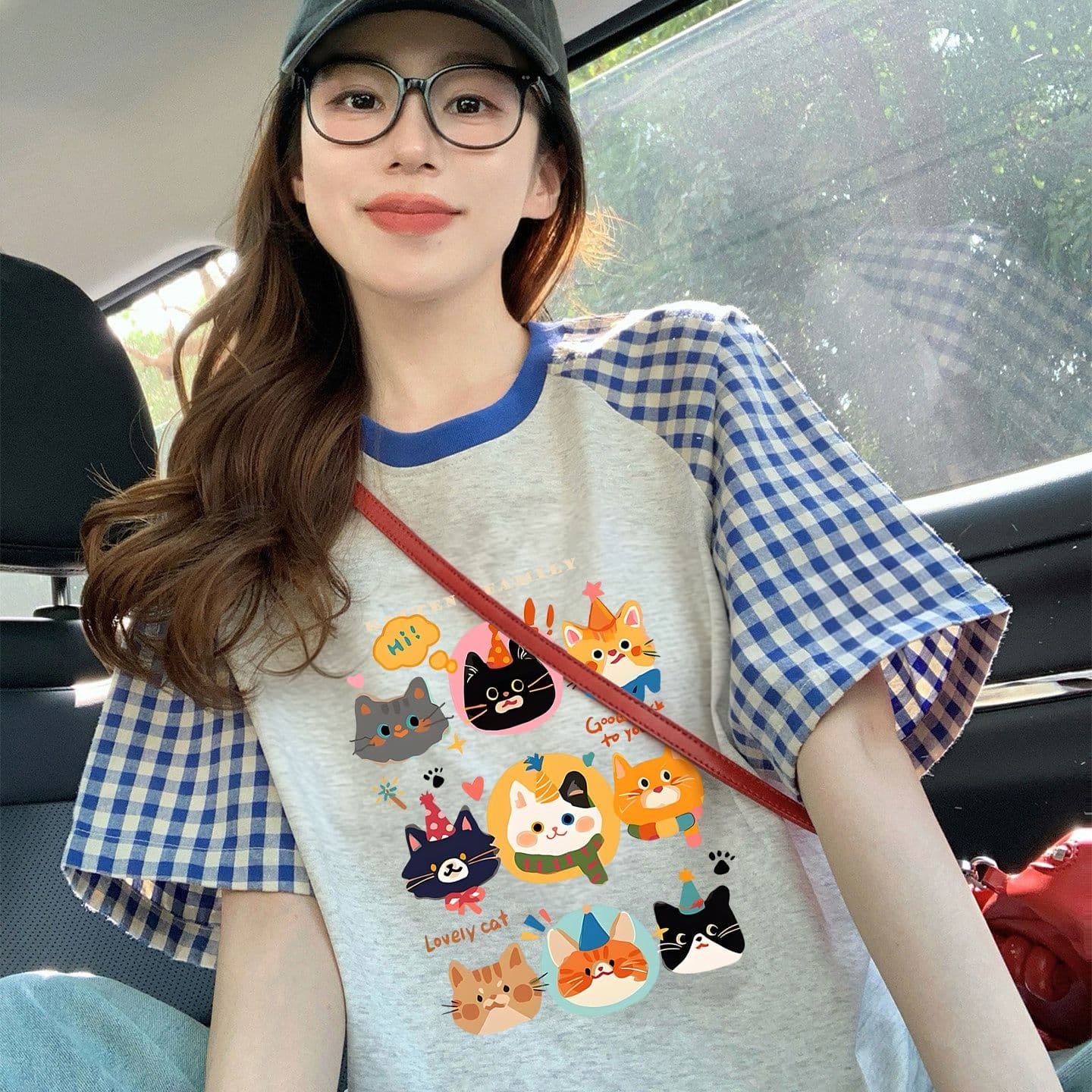 220 그램 순면 이후 패키지 칼라 체크무늬 배색 삽입 어깨 반팔 티셔츠 여성 2026 여름 프린트 맨위
