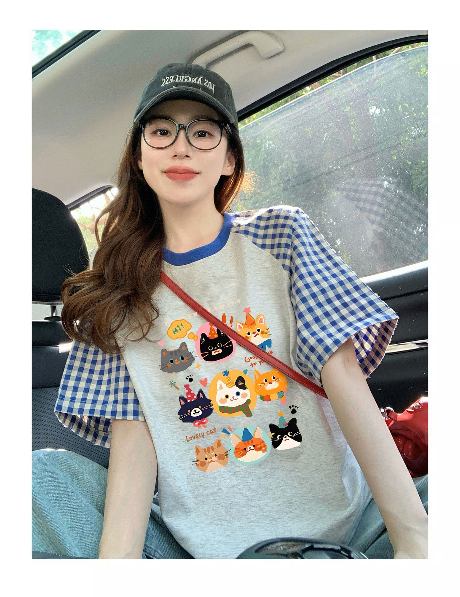 220 그램 순면 이후 패키지 칼라 체크무늬 배색 삽입 어깨 반팔 티셔츠 여성 2026 여름 프린트 맨위 상세 이미지 2