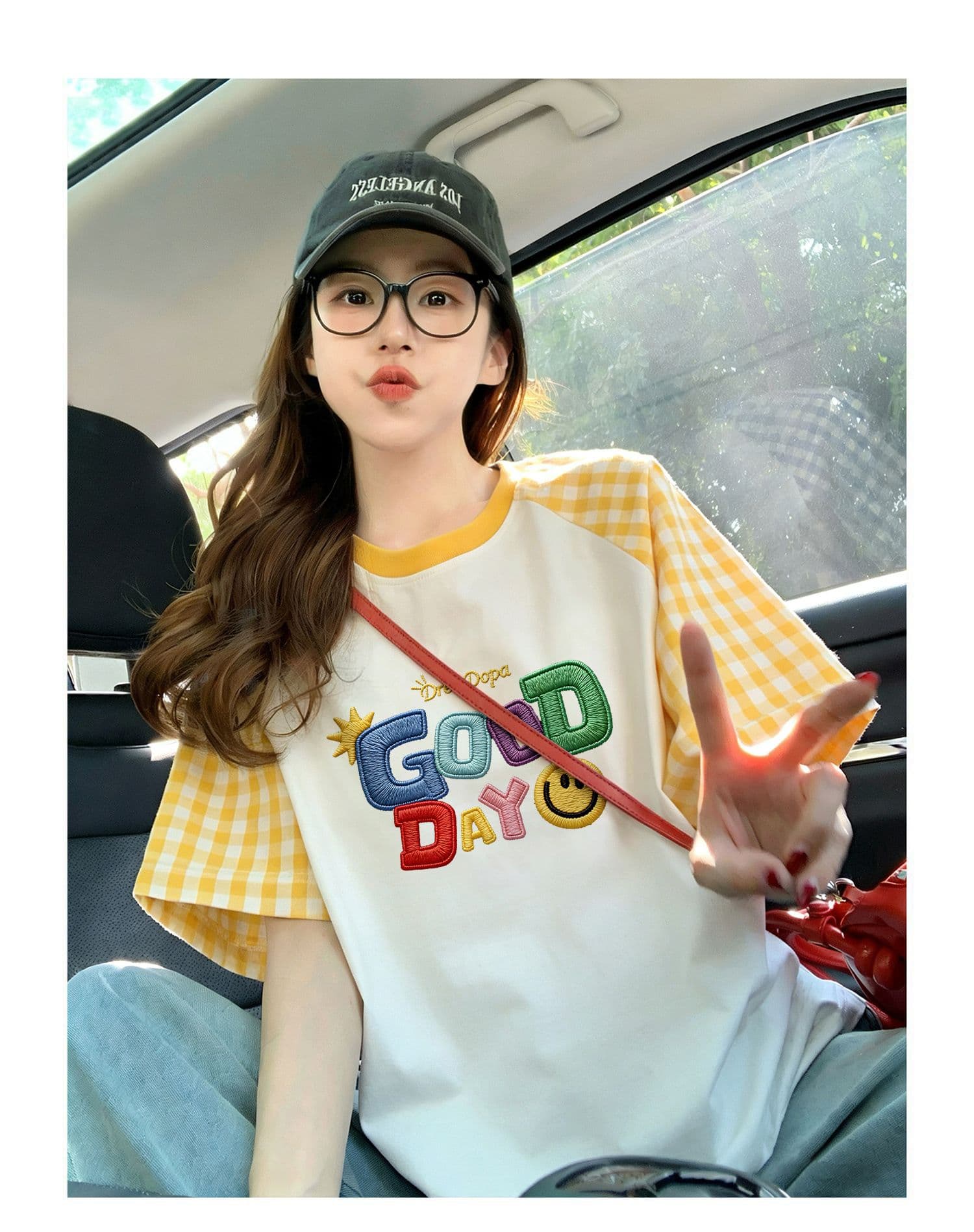 220 그램 순면 이후 패키지 칼라 체크무늬 배색 삽입 어깨 반팔 티셔츠 여성 2026 여름 프린트 맨위 상세 이미지 5