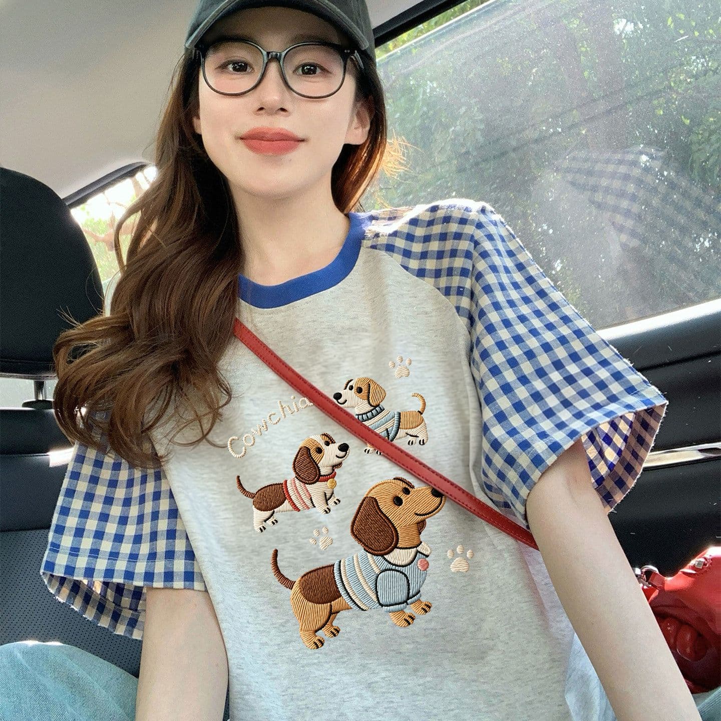 220 그램 순면 이후 패키지 칼라 체크무늬 배색 삽입 어깨 반팔 티셔츠 여성 2026 여름 프린트 맨위 이미지 4
