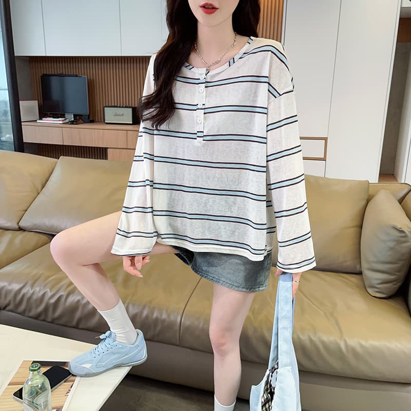 실사 스트라이프 눈꽃 면 긴팔 자외선 차단 블라우스 여성 한국 스타일 얇은 스타일 다용도 패션 캐주얼 맨위 여성 트렌디 상세 이미지 12
