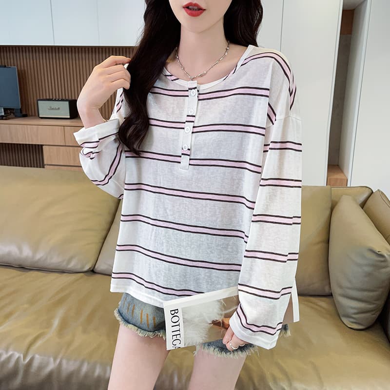 실사 스트라이프 눈꽃 면 긴팔 자외선 차단 블라우스 여성 한국 스타일 얇은 스타일 다용도 패션 캐주얼 맨위 여성 트렌디
