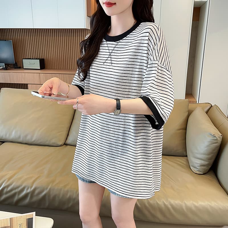 실사 스트라이프 눈꽃 면 반팔 자외선 차단 티셔츠 여자 중간 롱 코트 한국 스타일 루즈핏 빅 사이즈 캐주얼 맨위 ins 상세 이미지 19