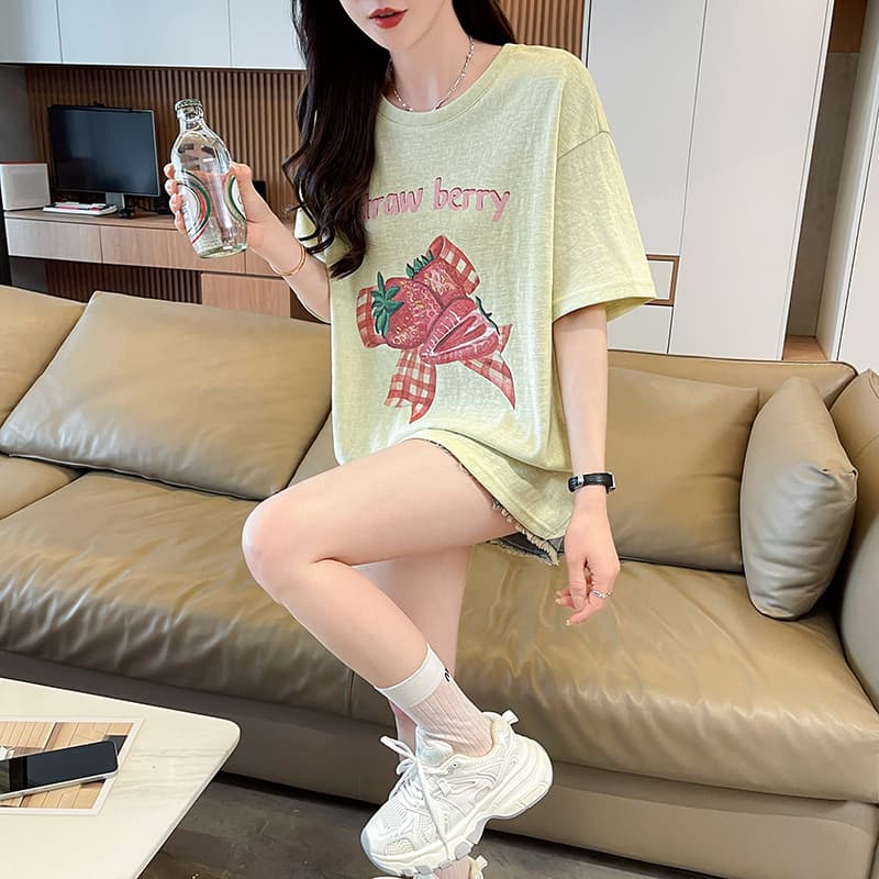 실사 눈꽃 면 자외선 차단 티셔츠 여성용 짧은 소매 중간 길이 루즈핏 한국 스타일 여름 패션 다용도 맨위 ins 상세 이미지 12
