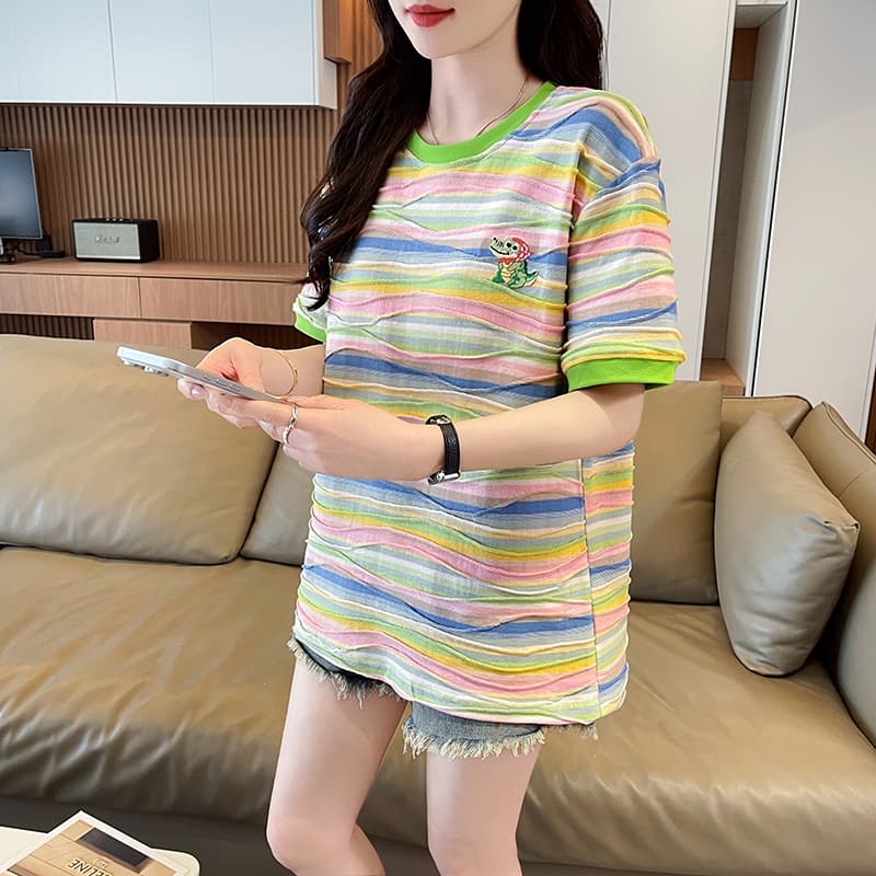 실사 자카드 스트라이프 티셔츠 여성용 짧은 소매 여름 새로운 한국 스타일 청춘 연령 감소 패션 맨위 여성 상세 이미지 9
