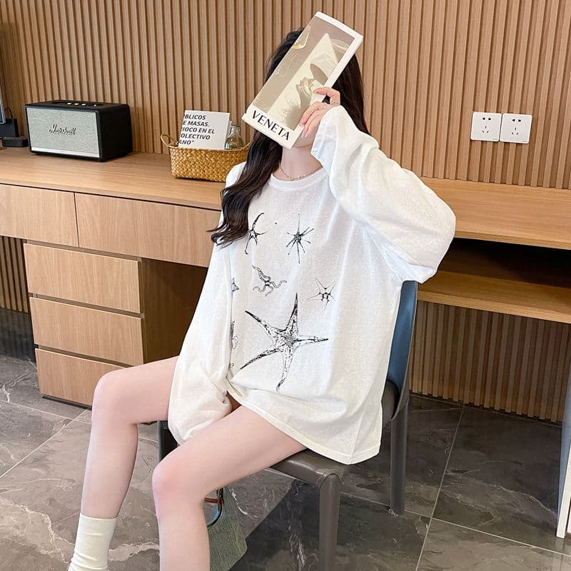 실사 50 면 눈꽃 면 긴팔 티셔츠 여성 봄 가을 새로운 캐주얼 한국 스타일 루즈핏 맨위 상세 이미지 2