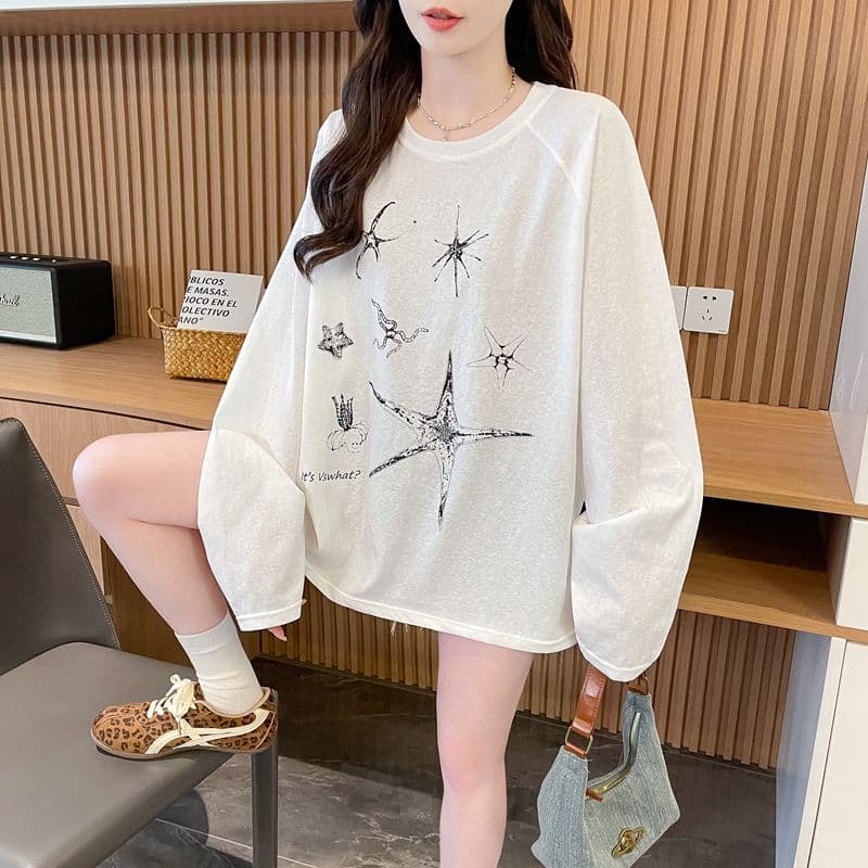 실사 50 면 눈꽃 면 긴팔 티셔츠 여성 봄 가을 새로운 캐주얼 한국 스타일 루즈핏 맨위 상세 이미지 3