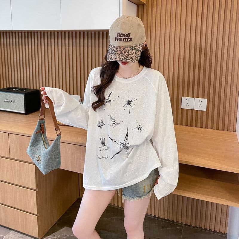 실사 50 면 눈꽃 면 긴팔 티셔츠 여성 봄 가을 새로운 캐주얼 한국 스타일 루즈핏 맨위 상세 이미지 6
