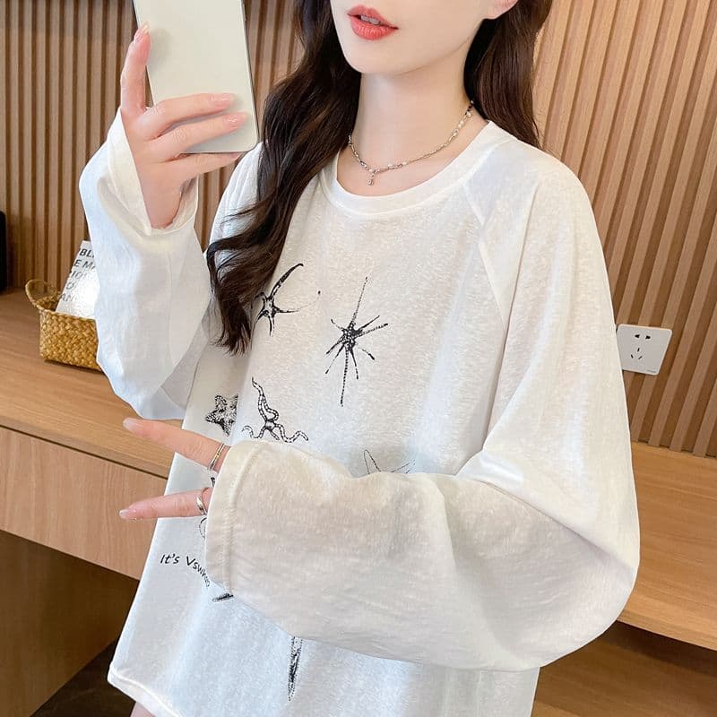실사 50 면 눈꽃 면 긴팔 티셔츠 여성 봄 가을 새로운 캐주얼 한국 스타일 루즈핏 맨위 상세 이미지 9