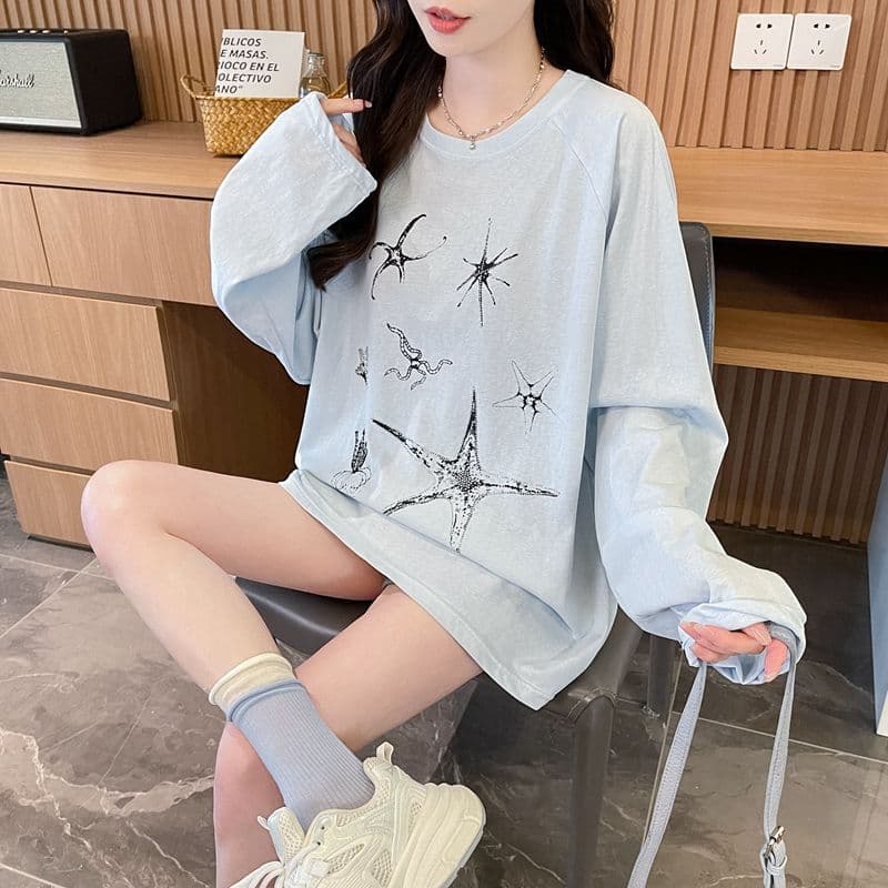 실사 50 면 눈꽃 면 긴팔 티셔츠 여성 봄 가을 새로운 캐주얼 한국 스타일 루즈핏 맨위 상세 이미지 10
