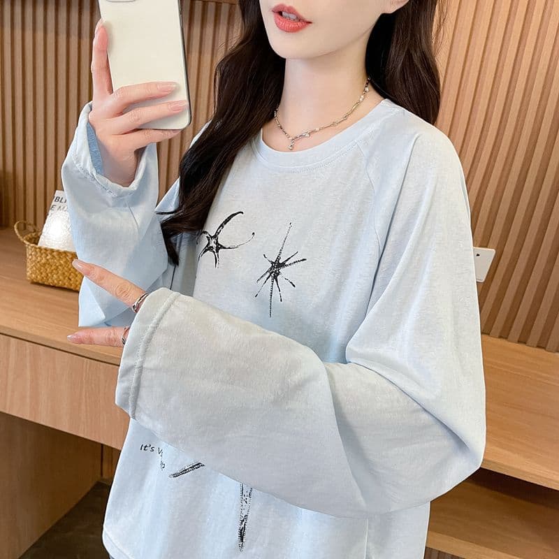 실사 50 면 눈꽃 면 긴팔 티셔츠 여성 봄 가을 새로운 캐주얼 한국 스타일 루즈핏 맨위 상세 이미지 15