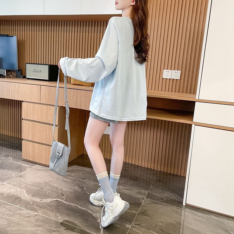 실사 50 면 눈꽃 면 긴팔 티셔츠 여성 봄 가을 새로운 캐주얼 한국 스타일 루즈핏 맨위 상세 이미지 17