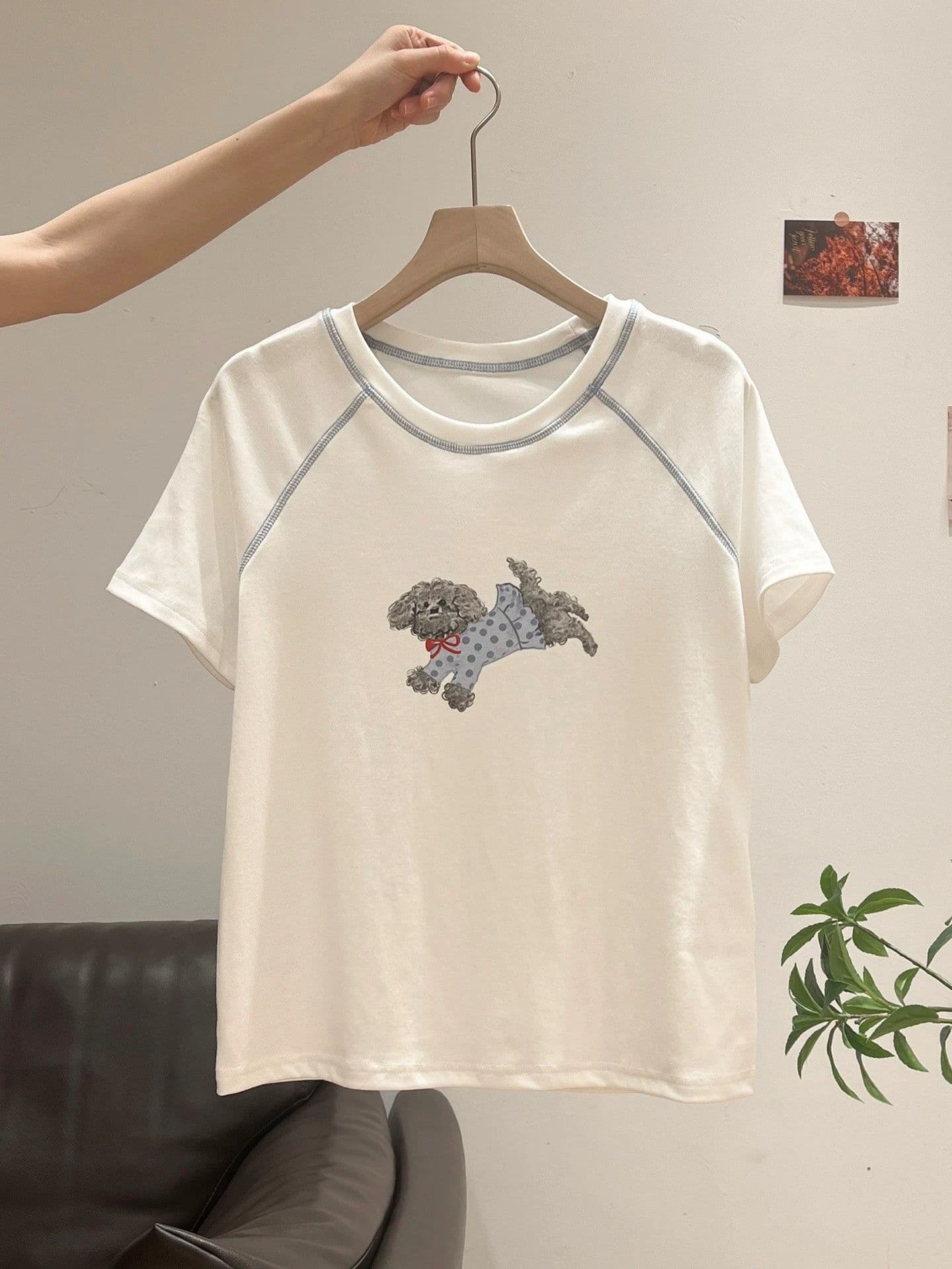 40 1 1 순면 디자인 센스 작은 대중 강아지 프린트 반팔 티셔츠 여성 여름 상세 이미지 9