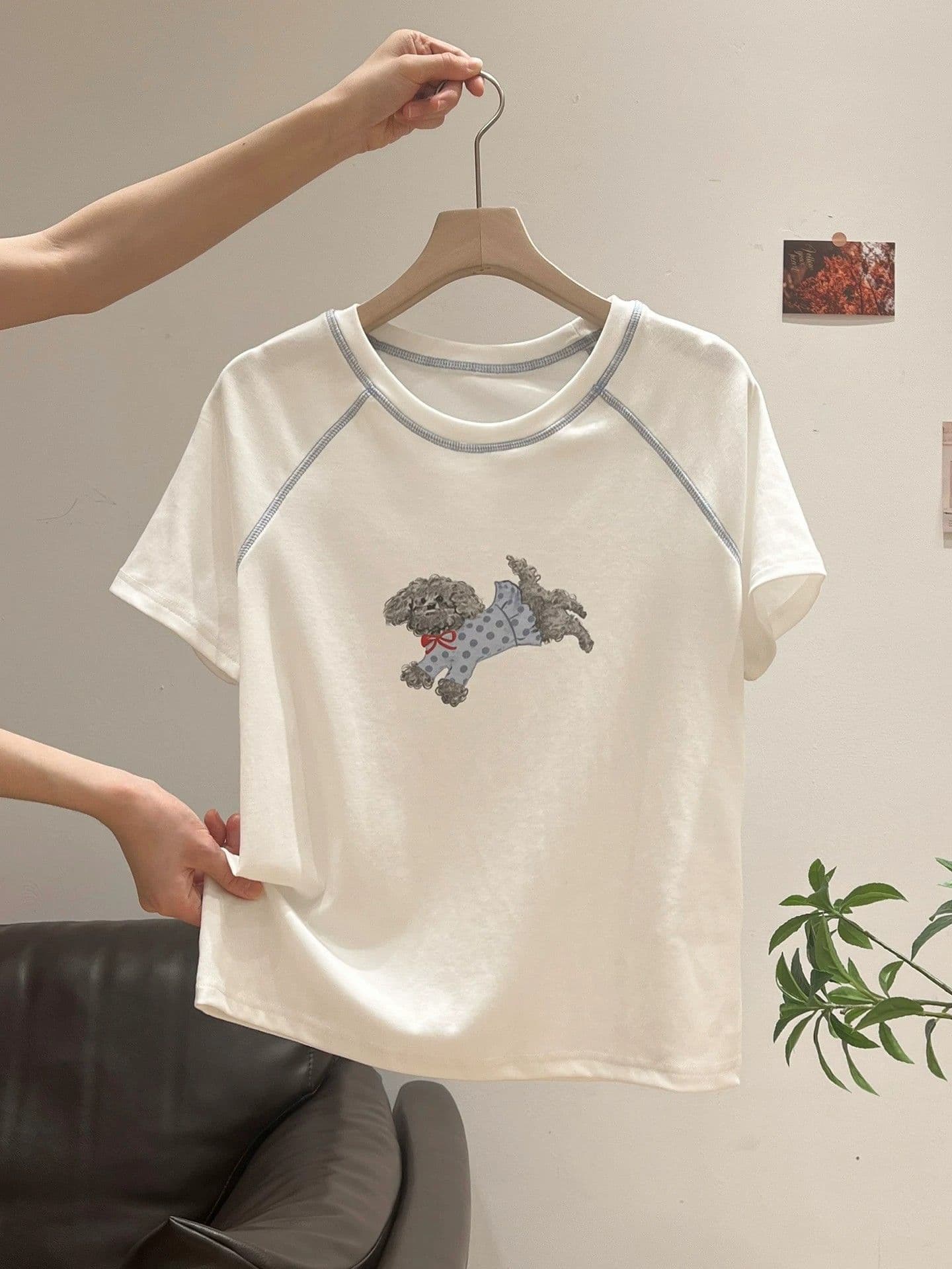 40 1 1 순면 디자인 센스 작은 대중 강아지 프린트 반팔 티셔츠 여성 여름 상세 이미지 10