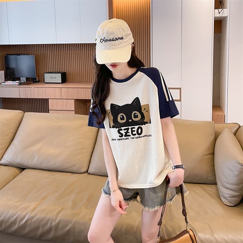 실사 눈꽃 면 65 면 35 폴리에스터 2026 여름 새로운 한국 스타일 삽입 어깨 소매 고양이 프린트 반팔 티셔츠 여성 상세 이미지 11