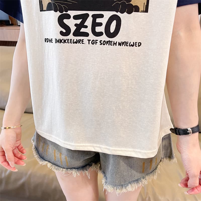 실사 눈꽃 면 65 면 35 폴리에스터 2026 여름 새로운 한국 스타일 삽입 어깨 소매 고양이 프린트 반팔 티셔츠 여성 상세 이미지 14