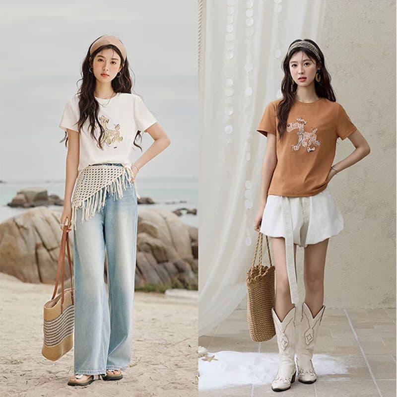 높은 품질 1 1 리브 면 새로운 강아지 디자인 센스 반팔 티셔츠 여성 여름