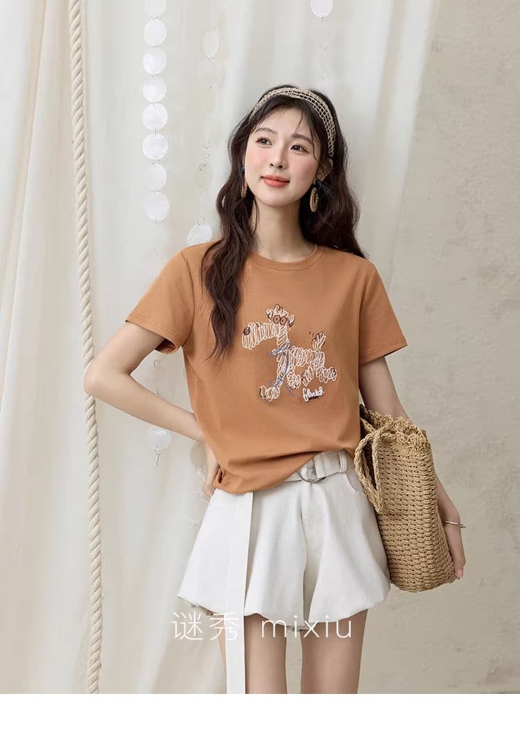 높은 품질 1 1 리브 면 새로운 강아지 디자인 센스 반팔 티셔츠 여성 여름 상세 이미지 2